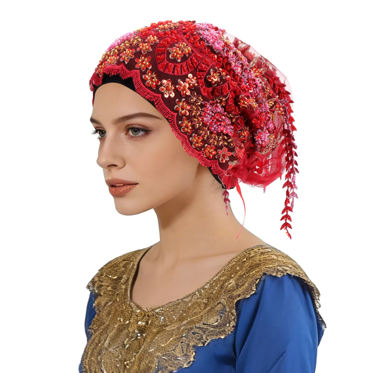 Hot Sale Fishtail Fringe New Embroidered Hand Stitched Turban Hat, Fashion Lace Headwrap Cross Border