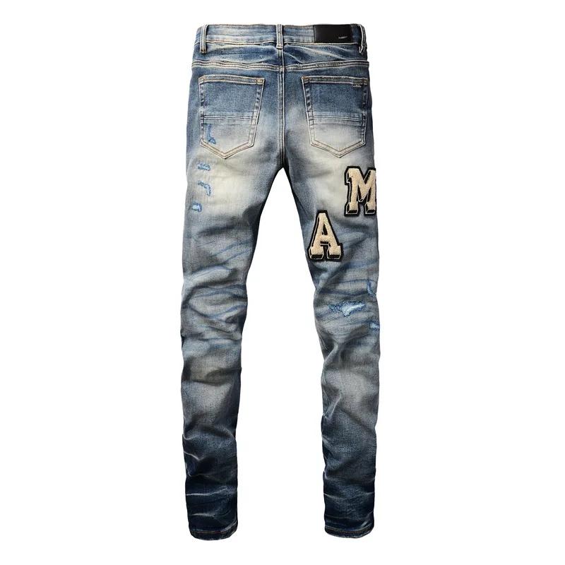 AMIR-Slim Fit elástico angustiado calças com etiqueta letras, Jeans na moda, azul tecido angustiado, qualidade superior, nova tendência, Top