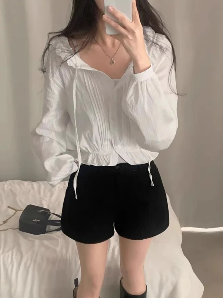 

Liliang Women's Summer New Sle Pred Ruffle Hem irt Coat with Hood Korean Loose Fit Long Sve Pure Color Button down