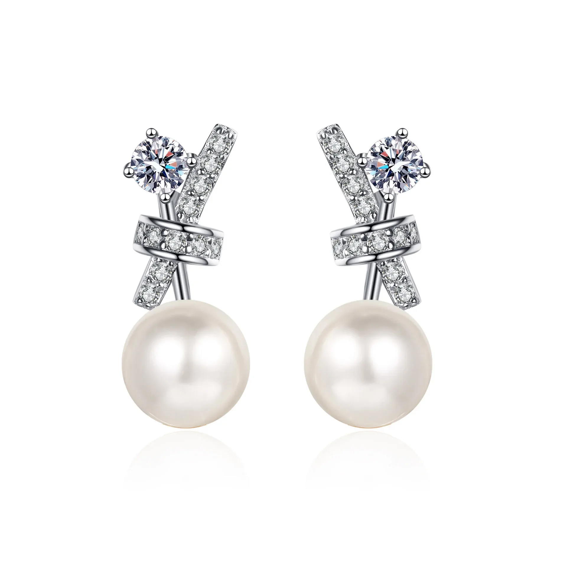 S925 Sterling Silver Pearl Moissanite Stud Earrings for Women Retro French Butterfly Knot Versatile Daily Fine Jewelry