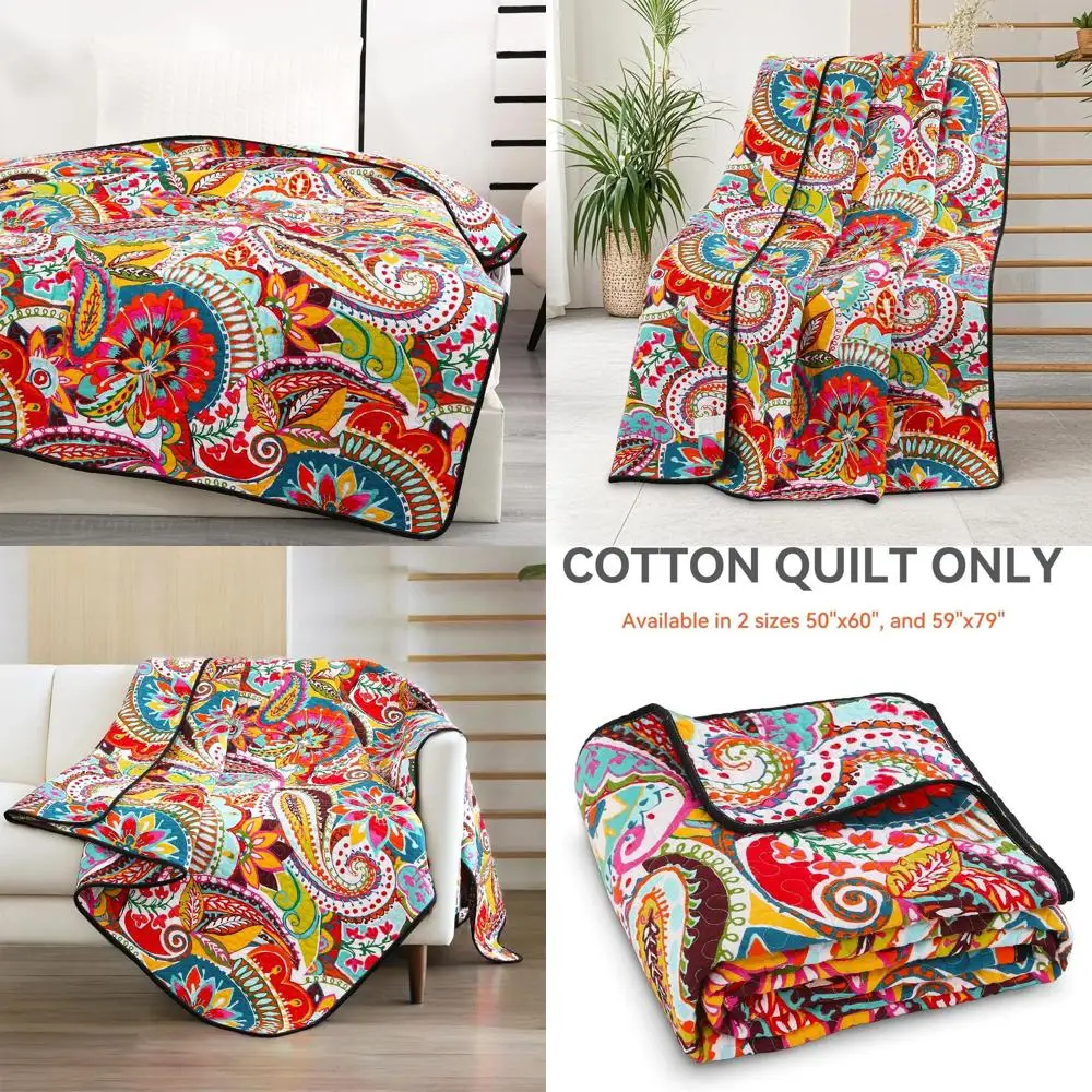 

Хлопковое стеганое одеяло, одеяло Sot Boho 59 x 79 дюймов, яркий цвет, красный, оранжевый, розовый и синий, двусторонний легкий вес с узором пейсли Q
