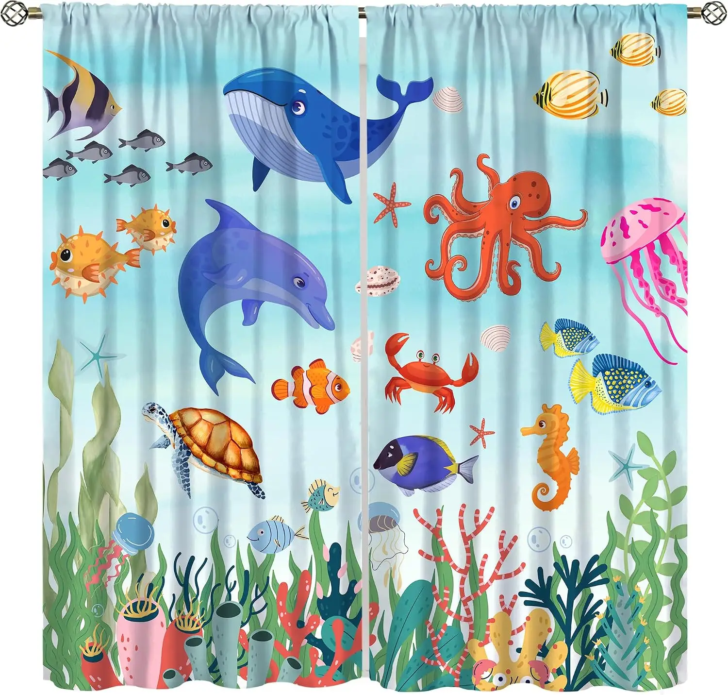 Cartoon Ocean Marine Life Curtain 2 Panels Crab Starfish Bubble Seaweed Inn Room Fresh Lovely Kids Bedroom Home Curtains