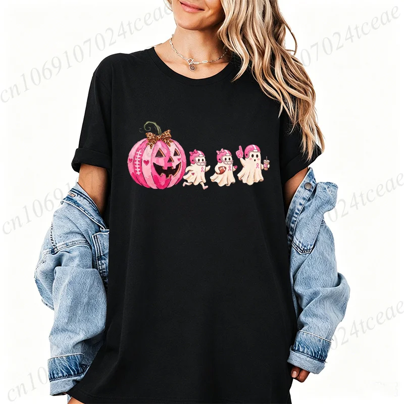 Pink Pumpkin Ghost Tee Shirts Breast Cancer Halloween Shirt T-Shirts in October We Wear Pink T-Shirts Short Sleeve Women's Tops