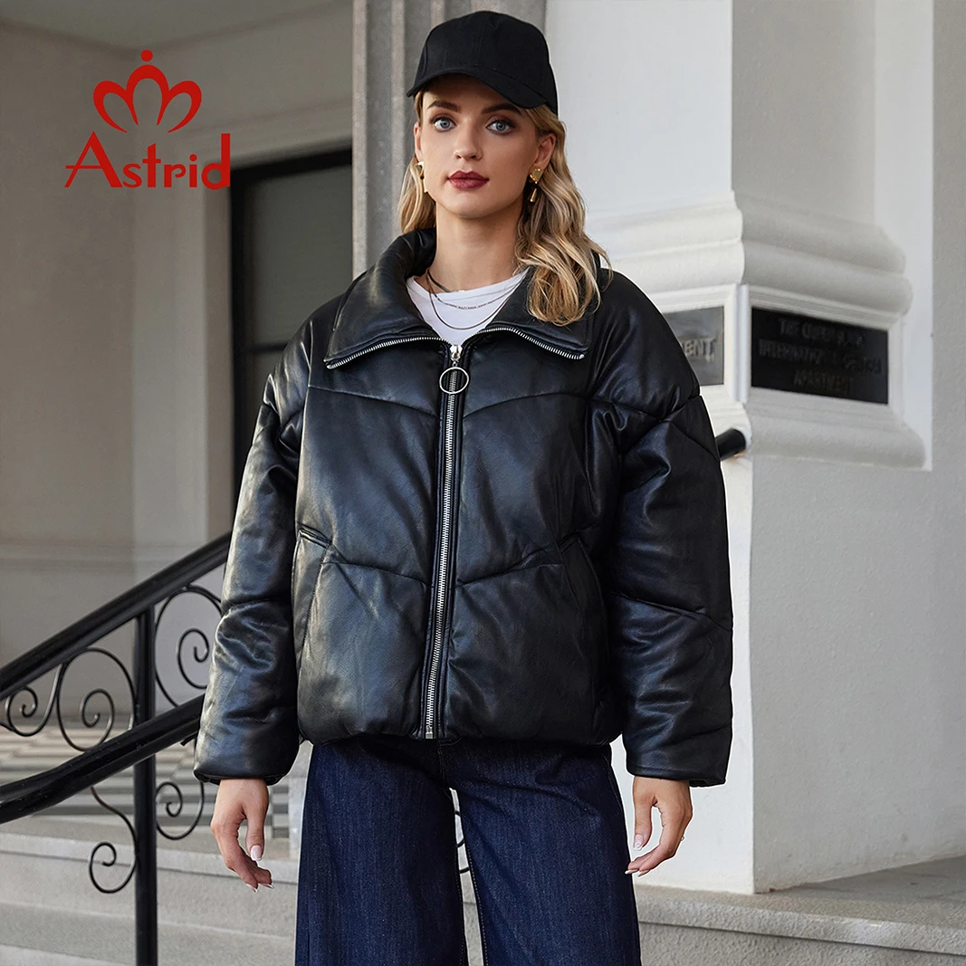 Astrid 2024 Winter Faux Leather Short Jacket Women Warm Padded Coat Female PU Leather Parkas Quilted Fashion Outerwear girls 67