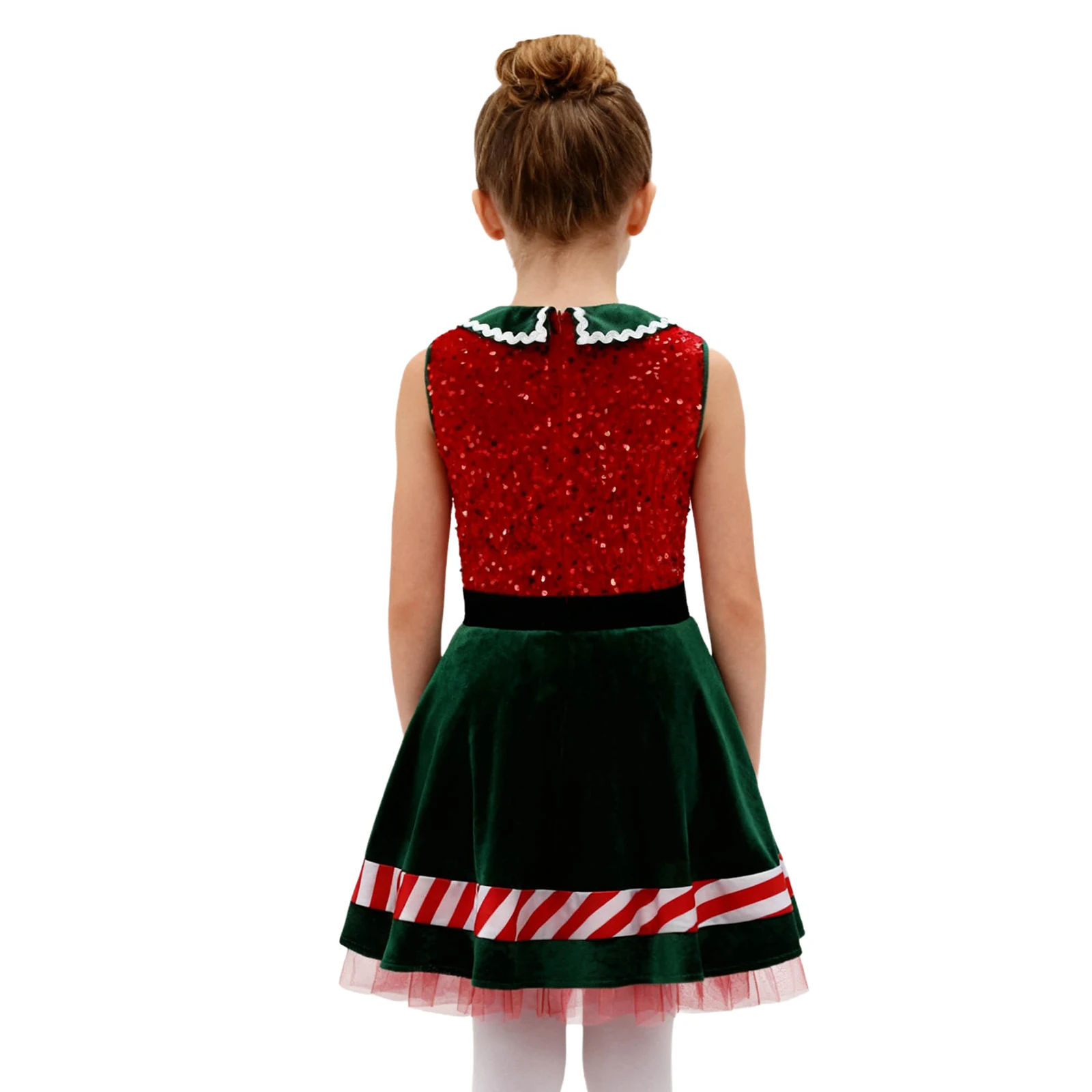 Children Girls Christmas Elf Dress Up Costume Sleeveless Shiny Sequins Zipper Mesh Tutu Xmas Party Santa Helper Cosplay Clothes