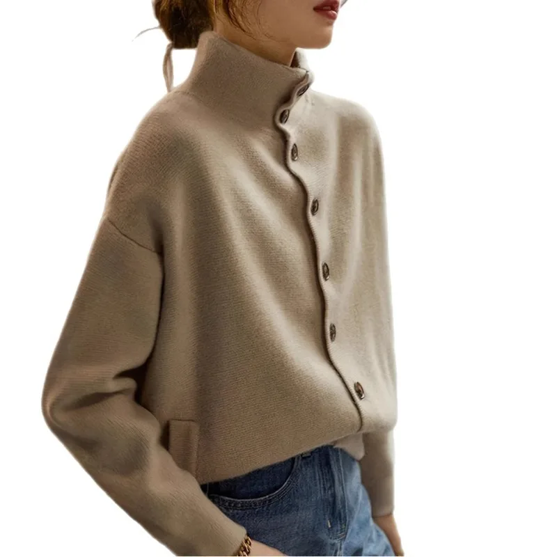 Herfst en winter dames veelzijdig effen kleur casual enkele rij knopen opstaande kraag lange mouwen gebreid vest voor dames