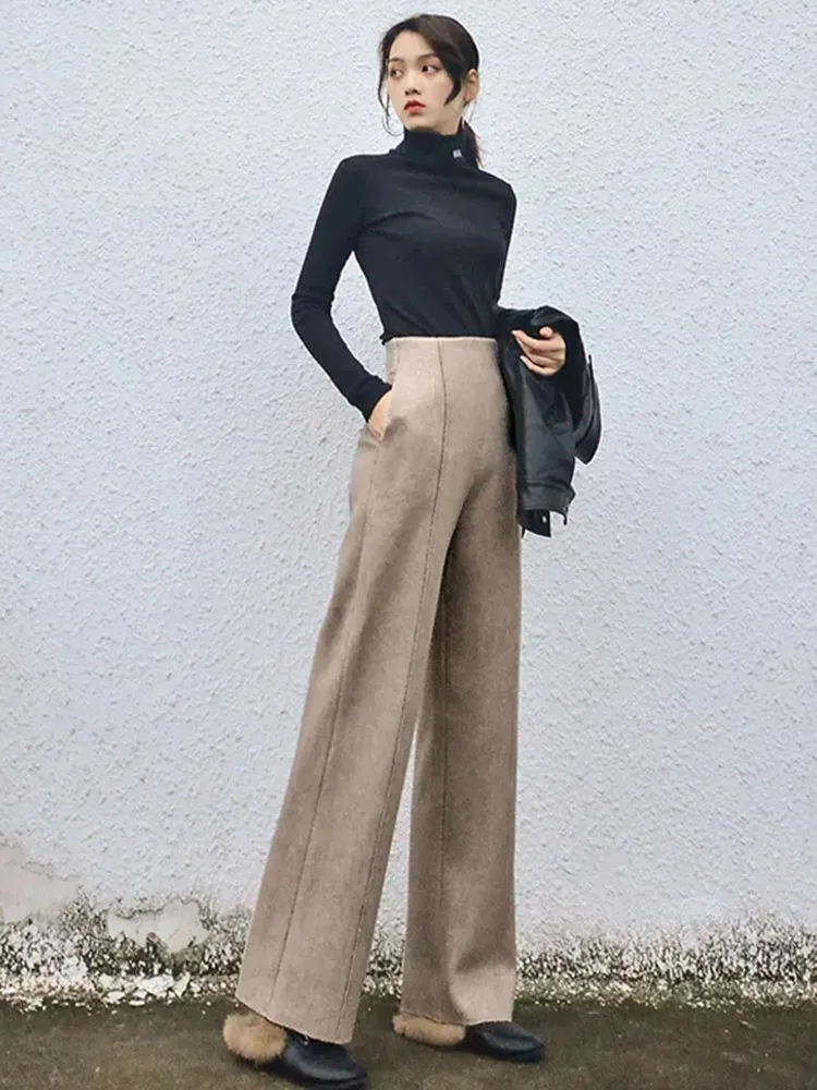 Imagem -05 - Calça de lã de Perna Larga Feminina Cintura Alta Larga Grossa Reto Quente Casual Moda Coreana Outono Inverno