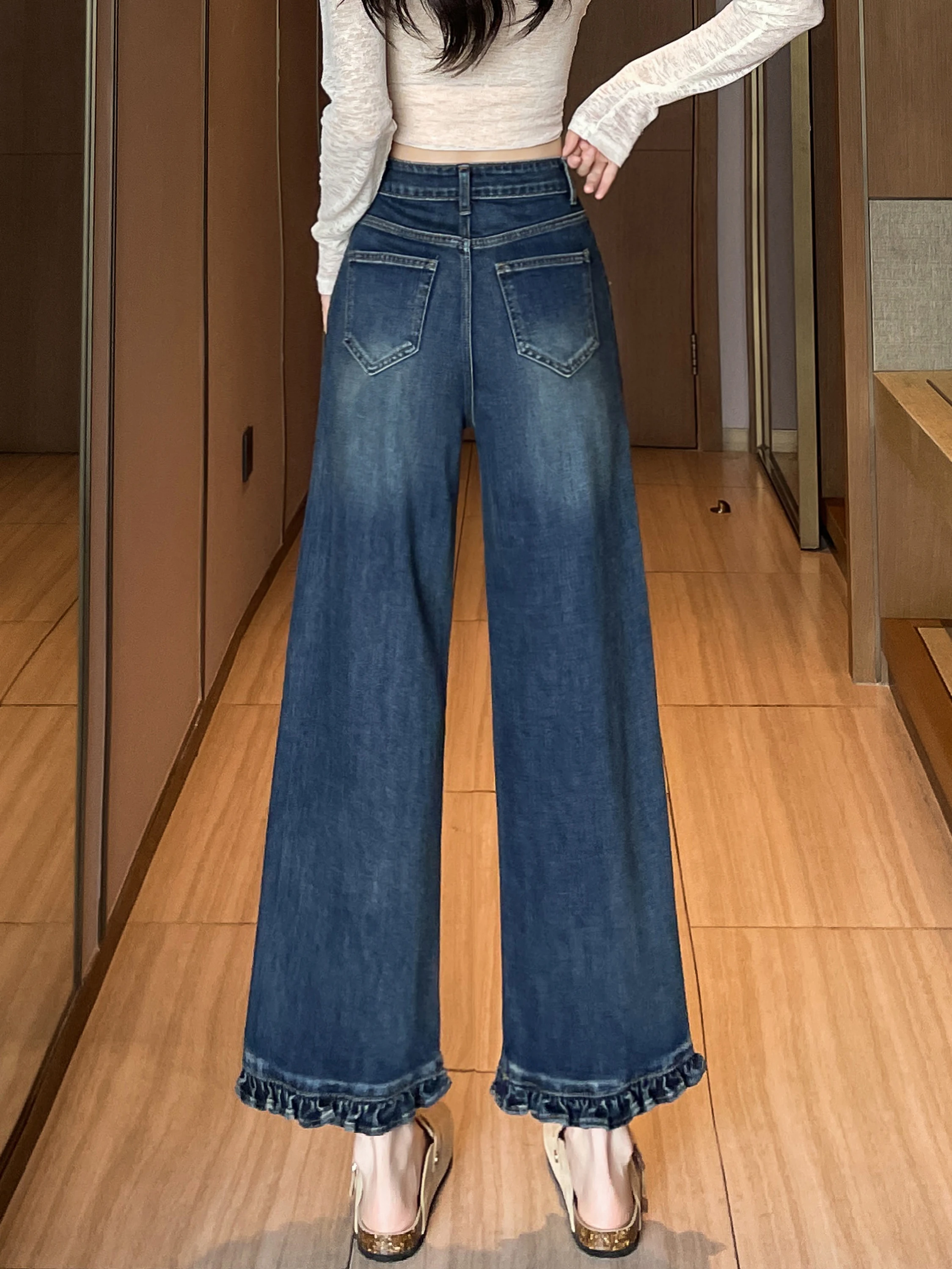 Niebieskie dżinsy z falbanką na dole, damskie, z wysokim stanem, wyszczuplające, proste, długość 7/8, spodnie z szerokimi nogawkami, nowość na zimę, eleganckie, do pracy.