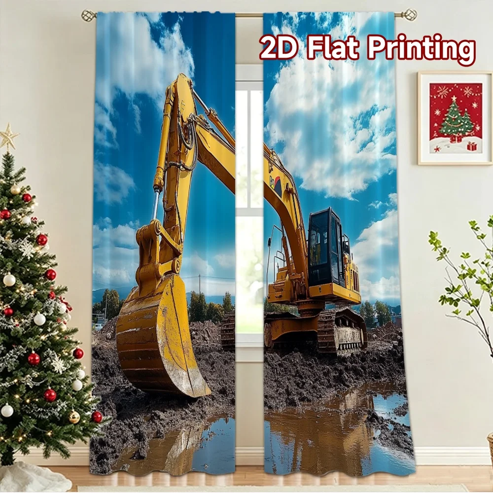 2D flat 2pcs Curtain Modern Minimalist Style Yellow Excavator in Mud Digitally printed polyester Party & Holiday Decor Perfect