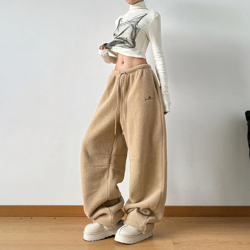 النساء القطبية الصوف السراويل 2025 الشتاء المرأة صوف مبطن بنطال ذو قصة أرجل واسعة الكاكي سميكة الدافئة فضفاض بناطيل كاجوال
