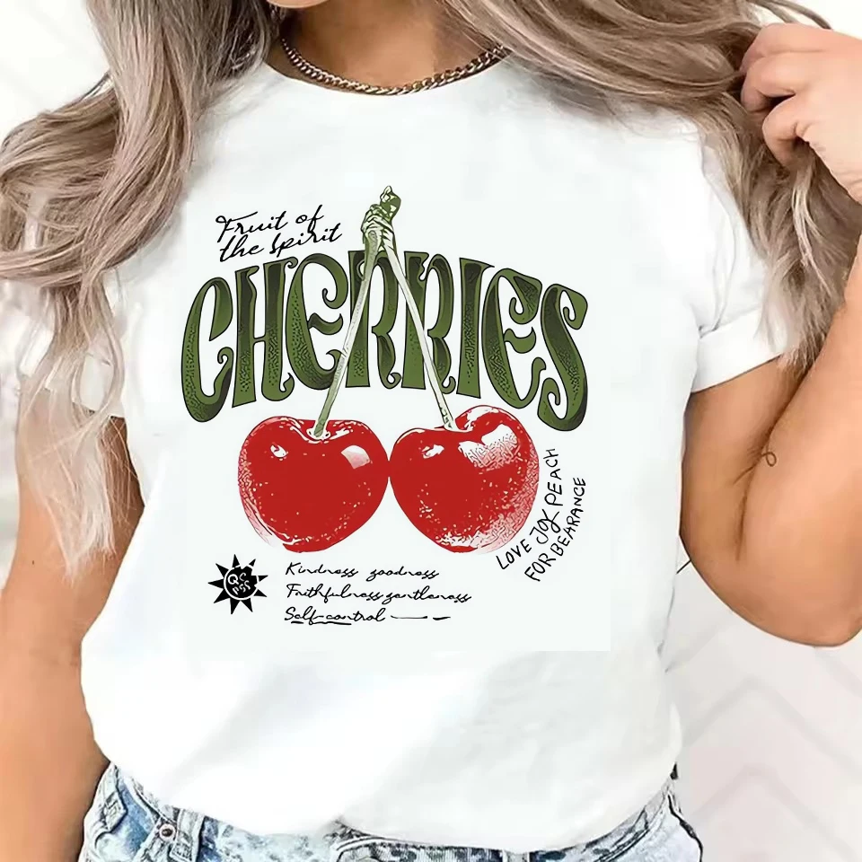 

T-Shirt Fashion Women's Summer Clothes T Shirt Girls Cherry Love Design Graphic Sleeve Aesthetic Clothes