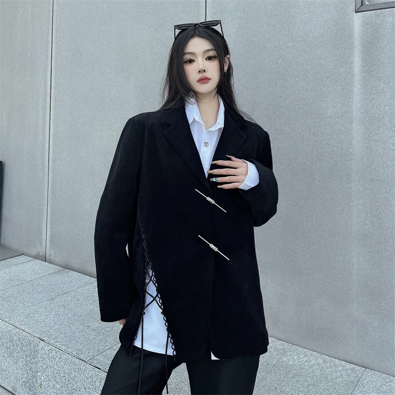 女性のための非対称の黒いスーツジャケット,ストラップデザイン,分割カット,秋