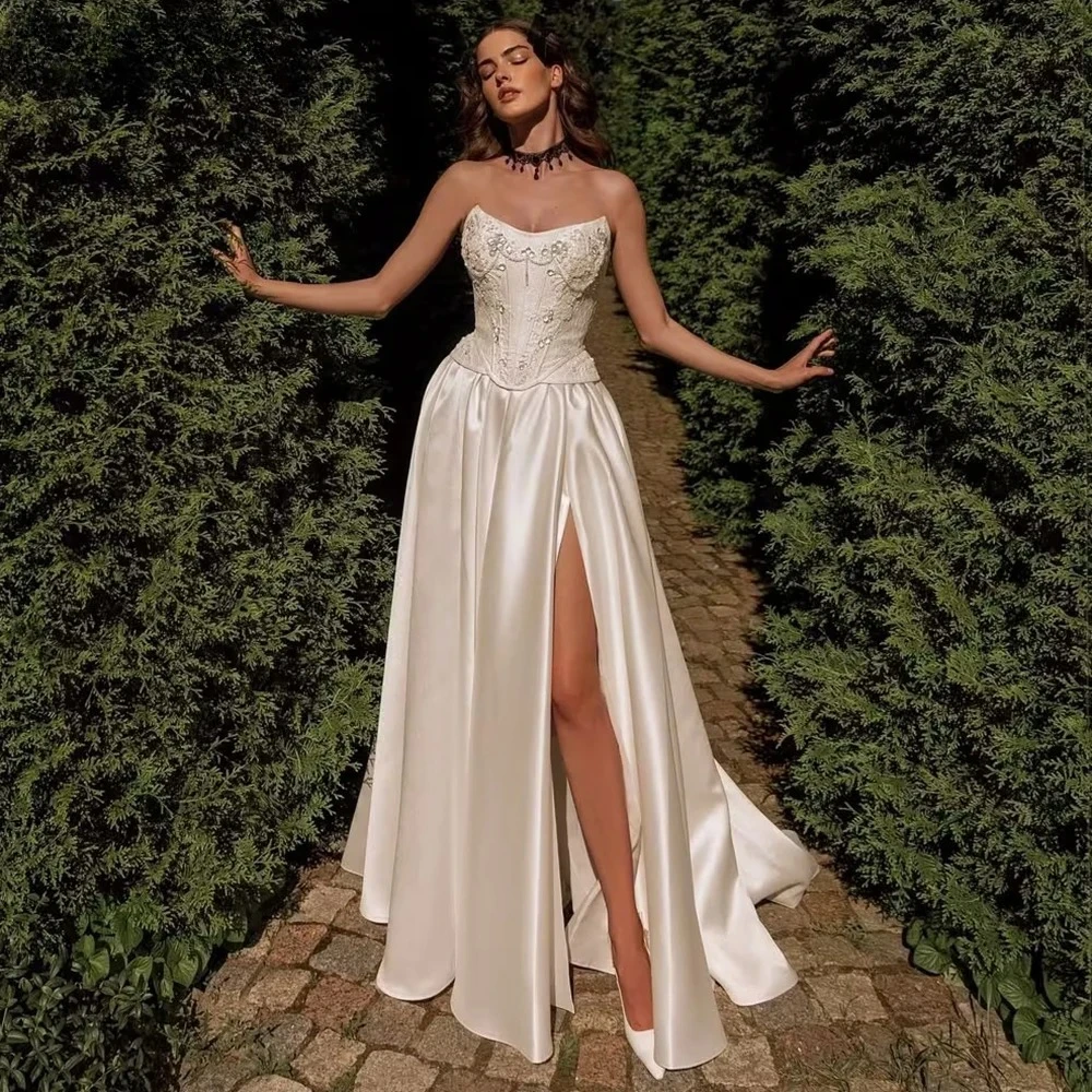 

Элегантные атласные свадебные платья по индивидуальному заказу, трапециевидное платье с боковым разрезом и бисером, без бретелек, кружевное плиссированное платье для выпускного вечера, свадебные платья для женщин