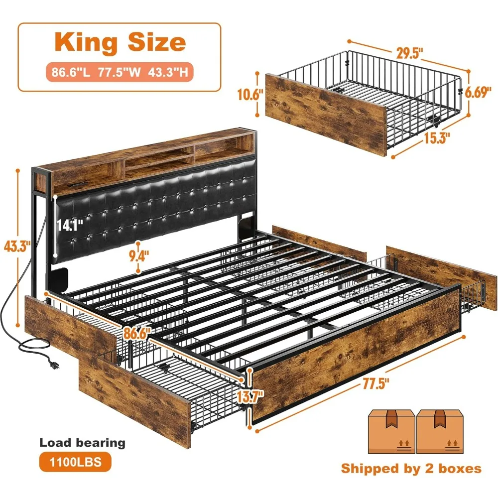 King Size Bed Frame with 4 Storage Drawers King Bed Frame and Headboard UpholsteredKing Size Bed Frame with Storage