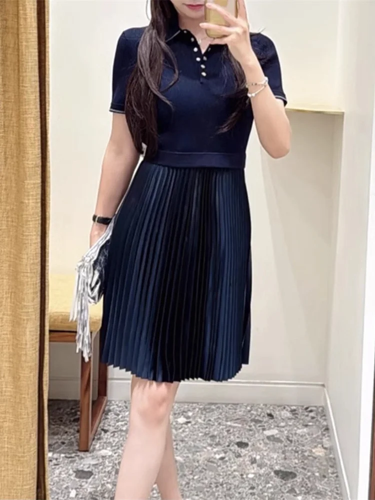 

Faionable Age-Defng Blue Midi Dr for Women High-End Version Collar Knitted ort Sve Pleated Dr