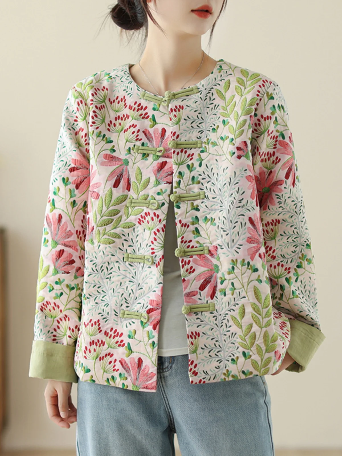 

Loose Chinese Sle Floral Print irt Casual Open Cardigan Jaet Embroidered Tag Removed Traditional Ethnic Women's Clothing