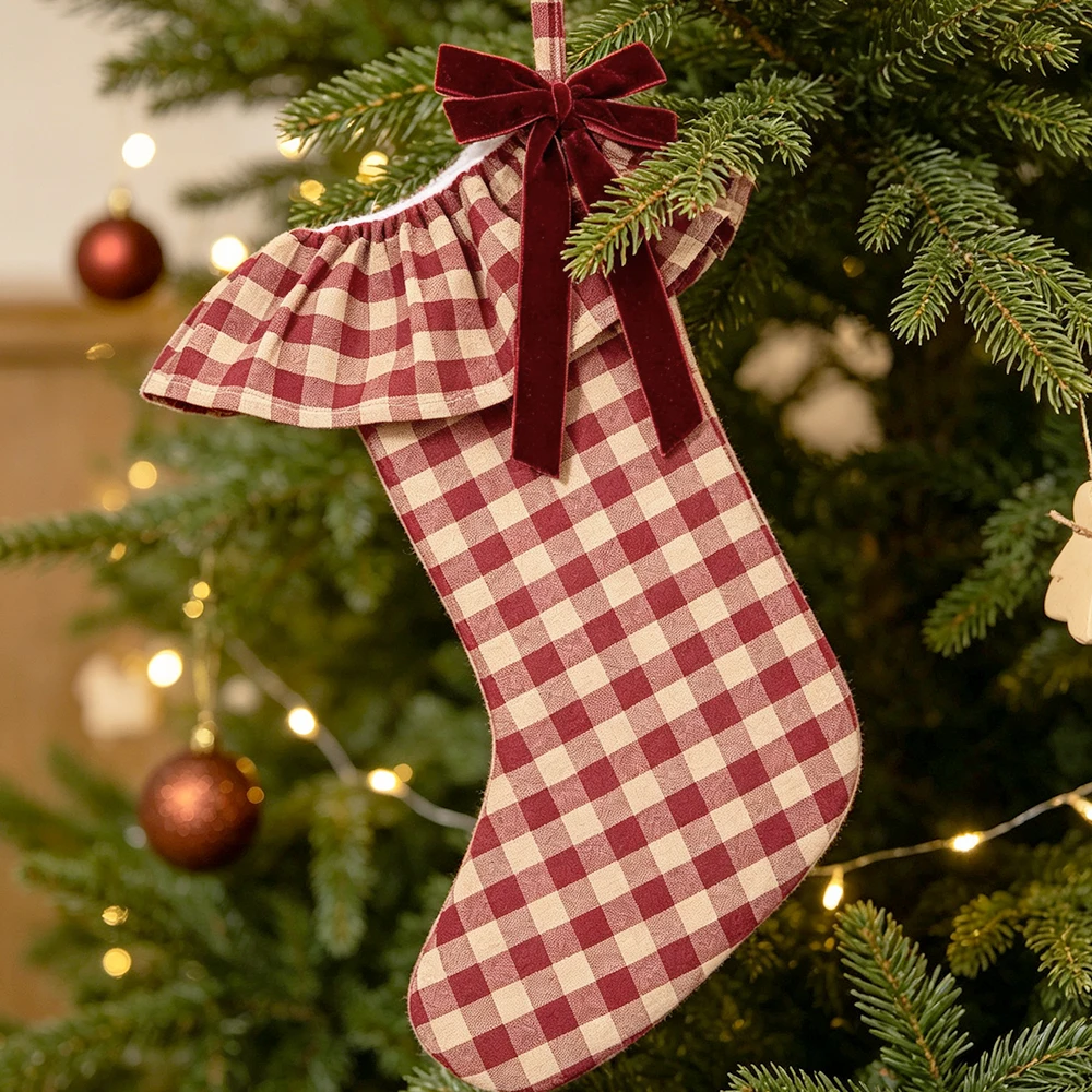 BUYNOW 1PC Colorwoven Plaid Velvet Bow Christmas Stocking Christmas fireplace and Christmas tree Home Party decor  45x26cm