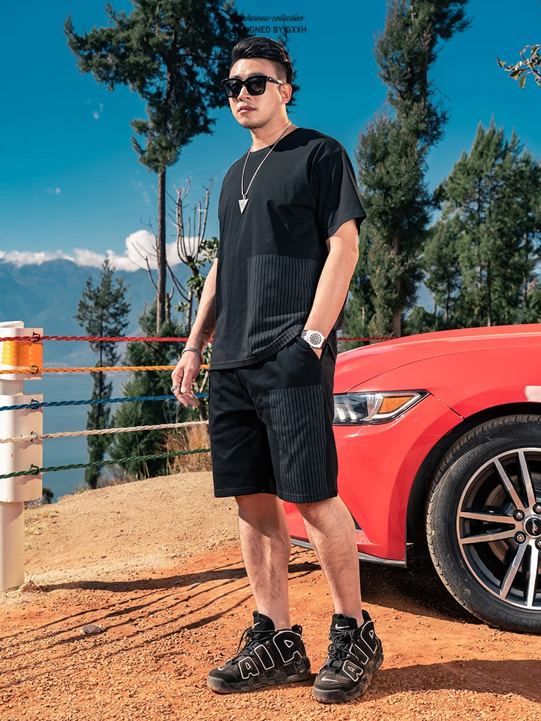 

Summer New plus Size Men's Casual Ice Silk orts Sve T-irt Set Loose Fit Comfortable Breathable Polyester Fiber