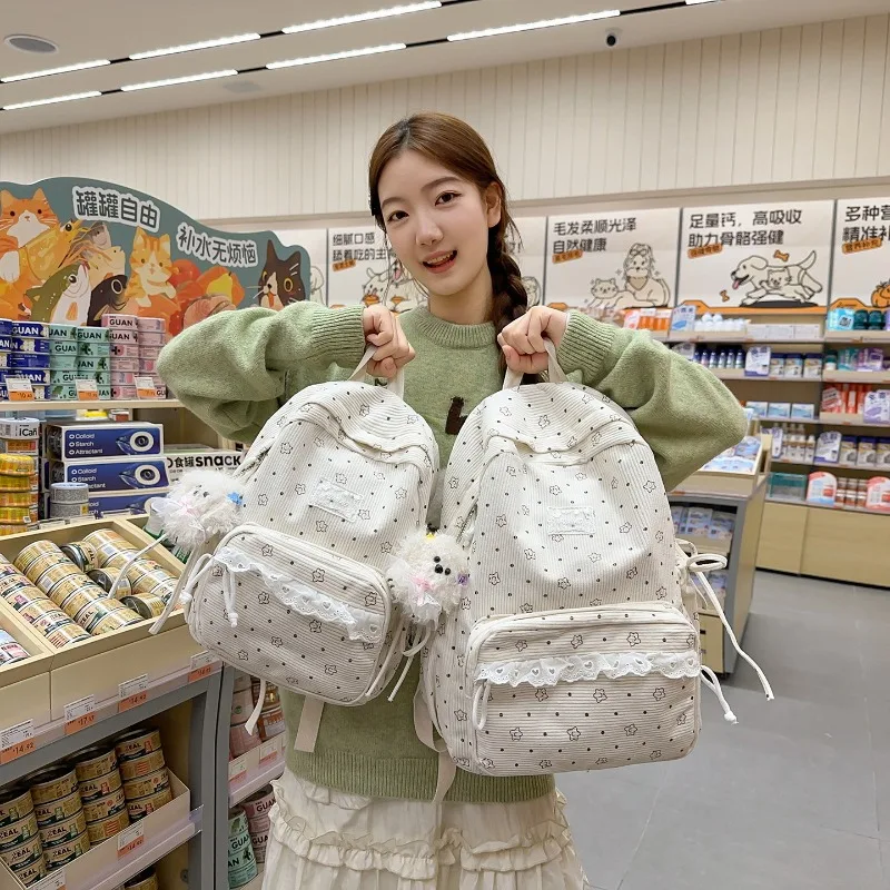 Corduroy Winter Backpack Korean Teenage Girls Star Print Lace Kawaii Daypack Students School Bags Outdoor Casual Travel Rucksack
