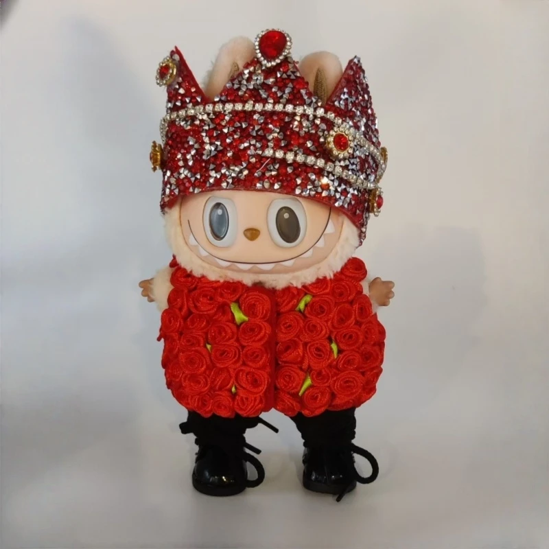 

For Labubu G-Dragon's Same Crown Rose Clothes 15/17cm Plush Doll Universal Leather Shoes Necklace Pants Set DIY Accessories