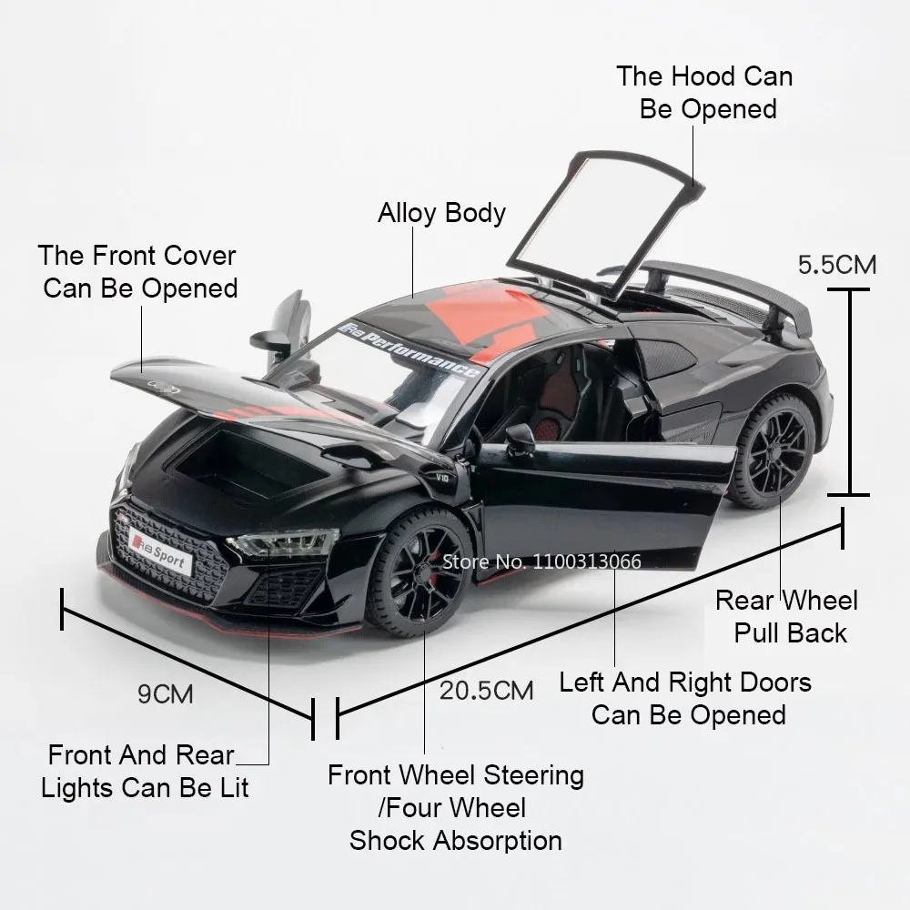 1:24 R8 V10 Legering Speelgoed Auto Model Diecast Metal Body Geluid Licht Trek Rubberen Banden Voertuig voor Jongens Verjaardag Verzamelen Geschenken
