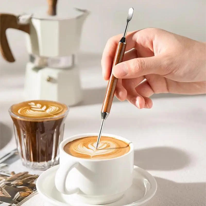 Coffee Latte Art Needle Stainless Steel Exquisite Professional Crochet Hook Pear Wood Carved Flower Needle Italian Coffee