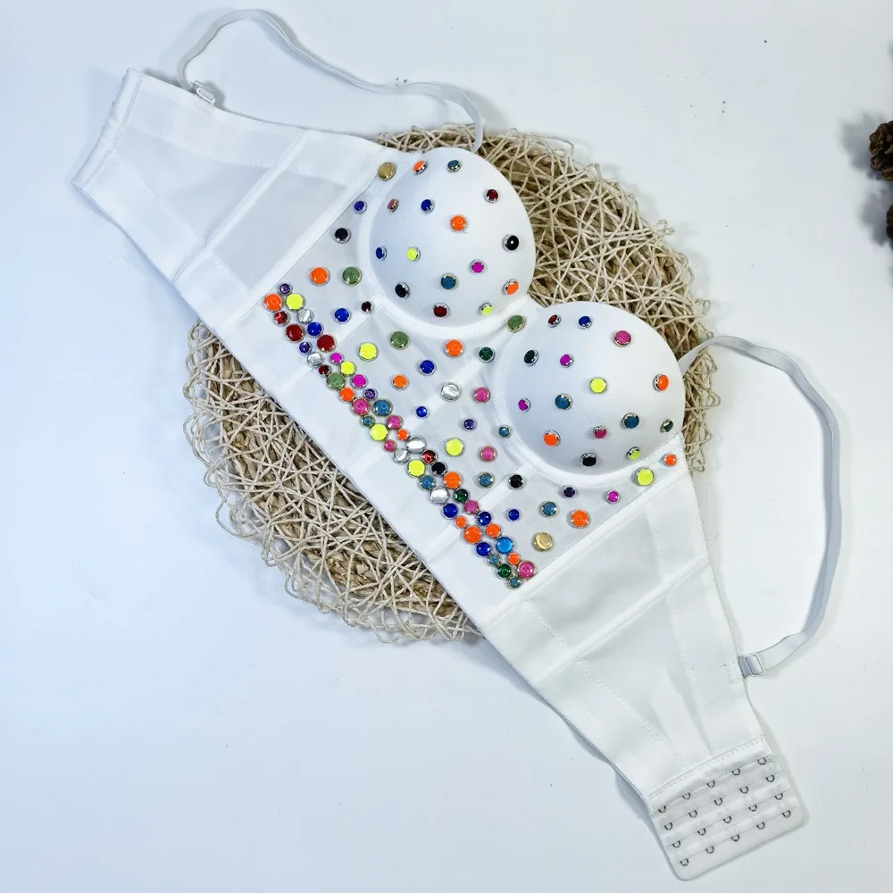 IRENE TINNIE 2024 클럽 폴 댄서 크롭 탑, 화려한 구슬 장식, 섹시한 뷔스티에, 탈착식 스트랩, 푸시업 브라, 짧은 코르셋