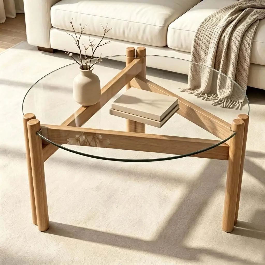 Round Glass Coffee Table, 32” Mid Century Modern Small Coffee Table with Solid Wood Legs, Suitable for Bedroom Living Room Recep