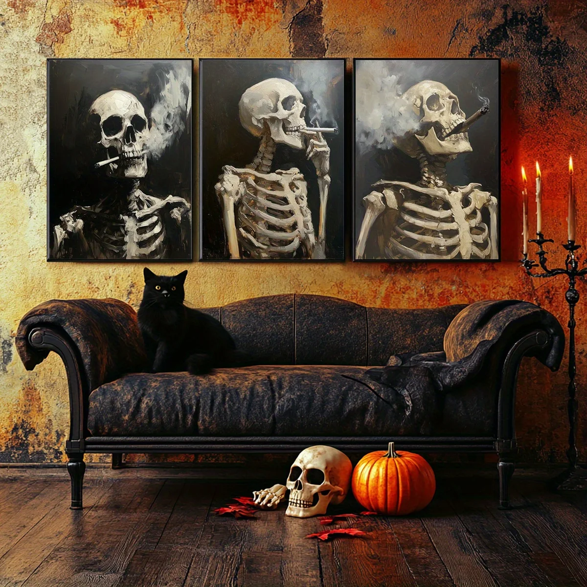 （3PCS NOFrame）-2D Flat, 2D Flat, 3pcs/Set Halloween Theme Canvas Posters, Lonely Skeleton Smoking, Dark Gothic Art, Retro Hom