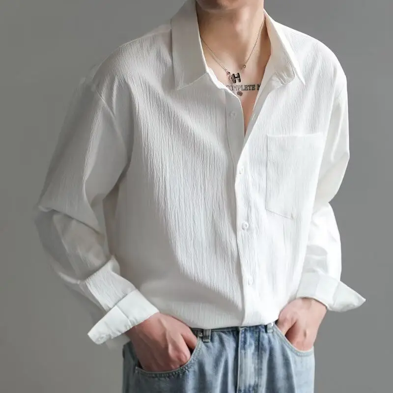 Mature Korean Style Handsome Long-sleeved Shirt Men's Loose Casual Wrinkle Draped Shirt Spring Top