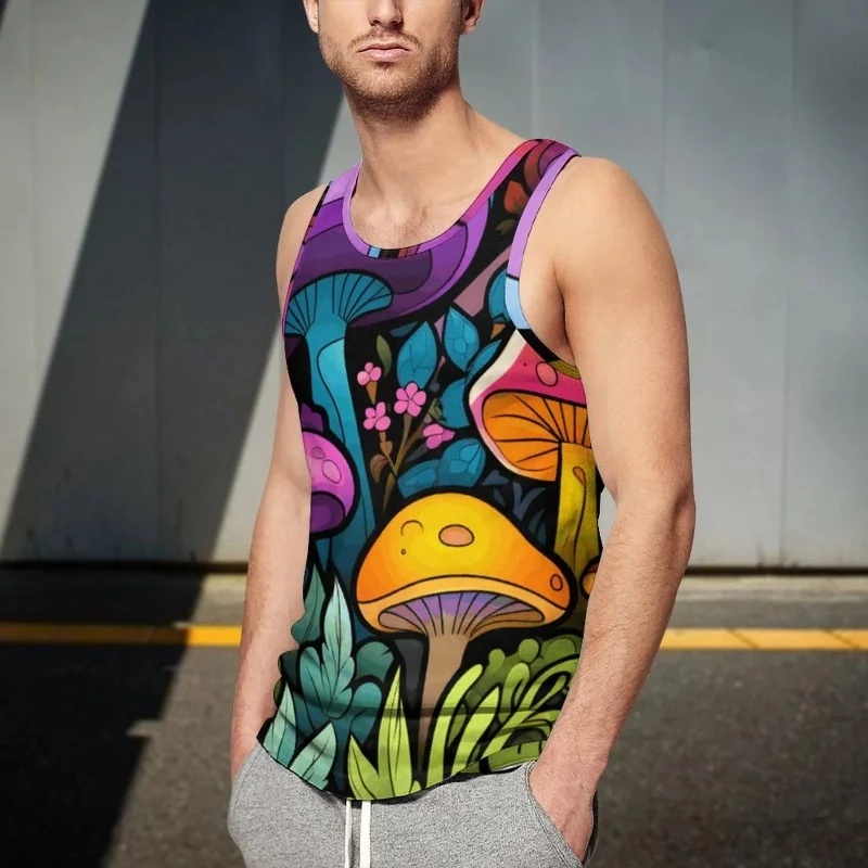 

3D Printed Mushroom Tank Tops For Man Colorful Geometric Stripes Pattern Tees Summer Casual Vest Loose Sports Street Tank Top