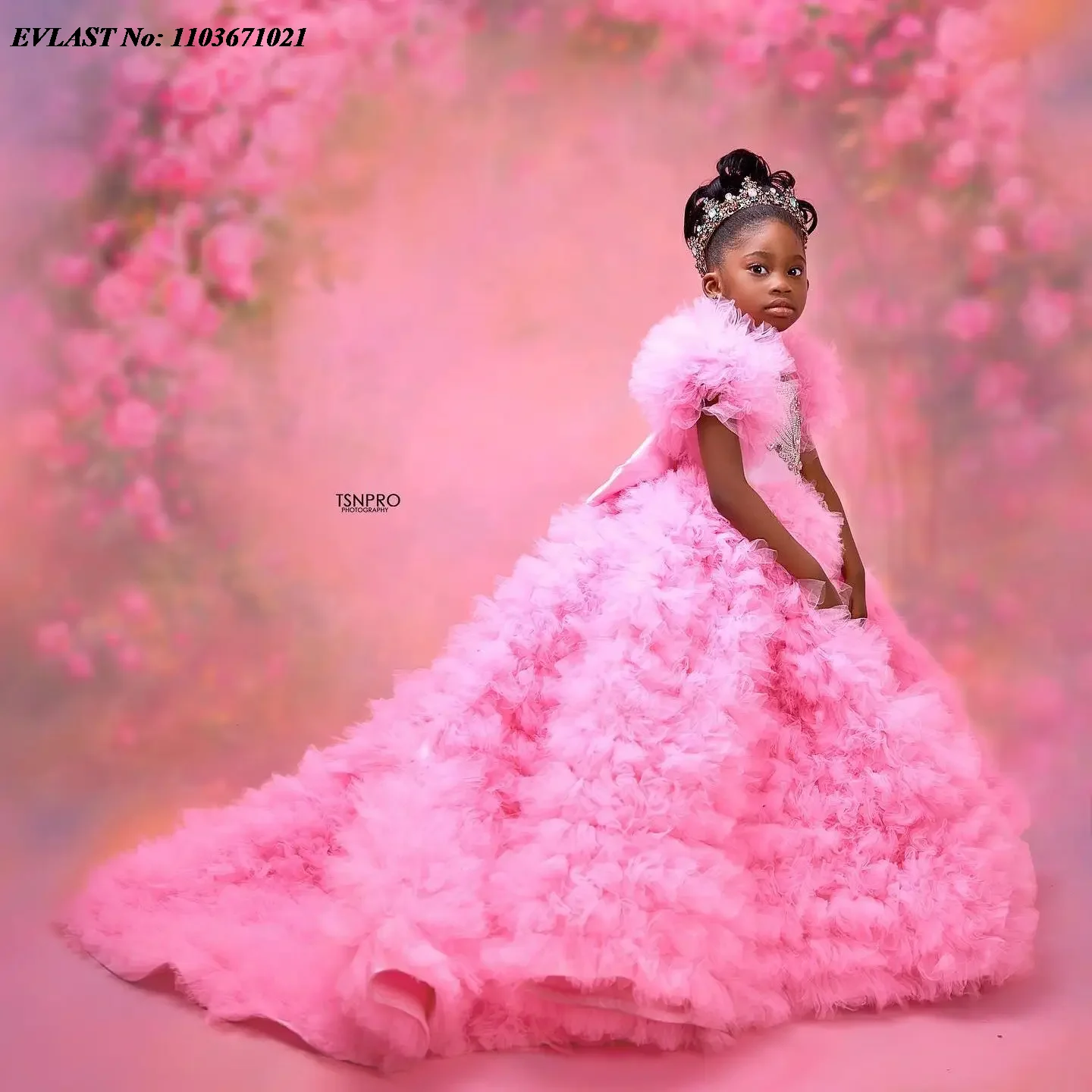 EVLAST Customized Pink Flower Girls Dress for Wedding Ruffles Tulle Girl Pageant Dress Kids Party Prom Birthday Ball Gowns FD51