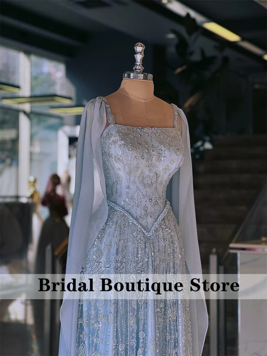 

New Blue Evening Dresses With Cape Bead Crystals Wedding Party Dress For Special Occasions Formal Prom Gown Customized