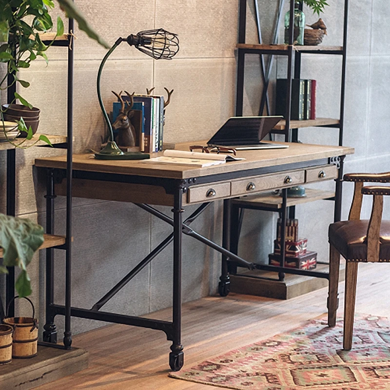 

American loft industrial style wrought iron solid wood computer desk desktop home retro simple office workbench desk