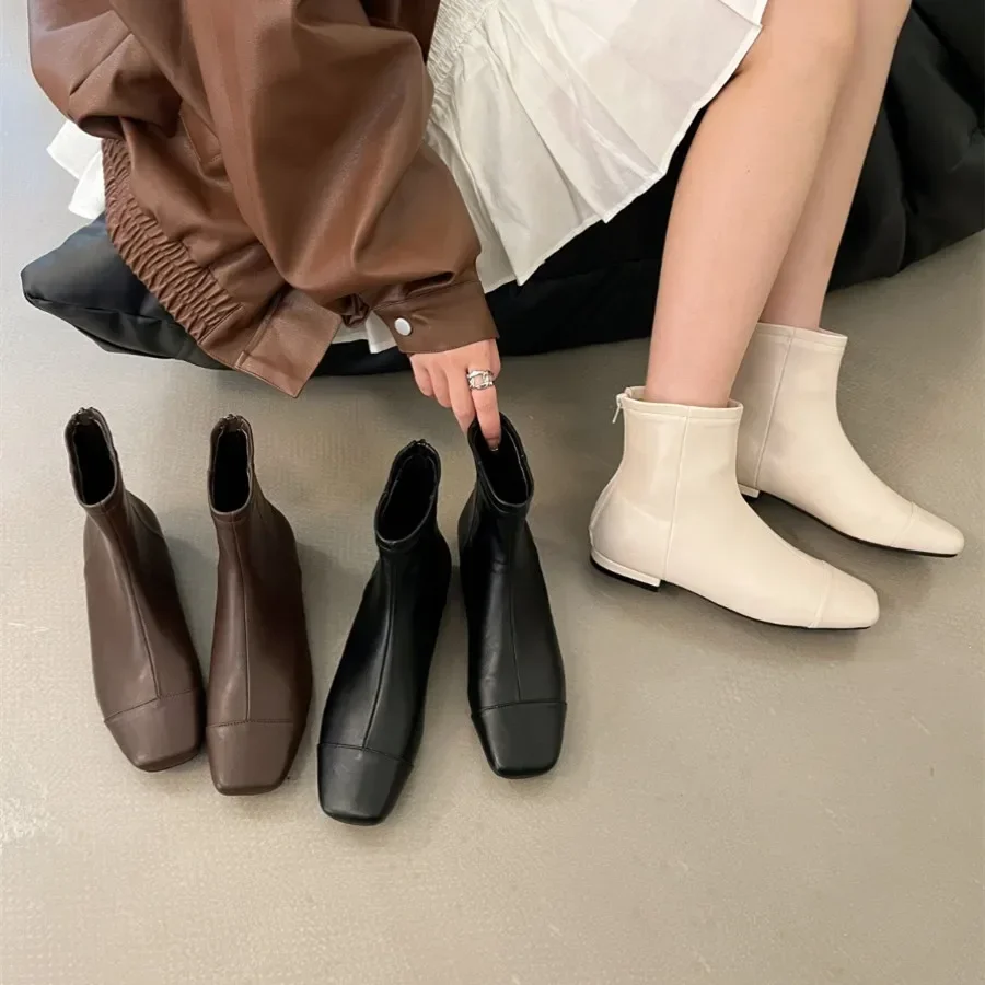 

Women Shoes Flat Heels Dress Shoes Square Toe Bare Boots Black Booties Thick Heeled Yarn Elastic Ankle Boots Ladies Shoes