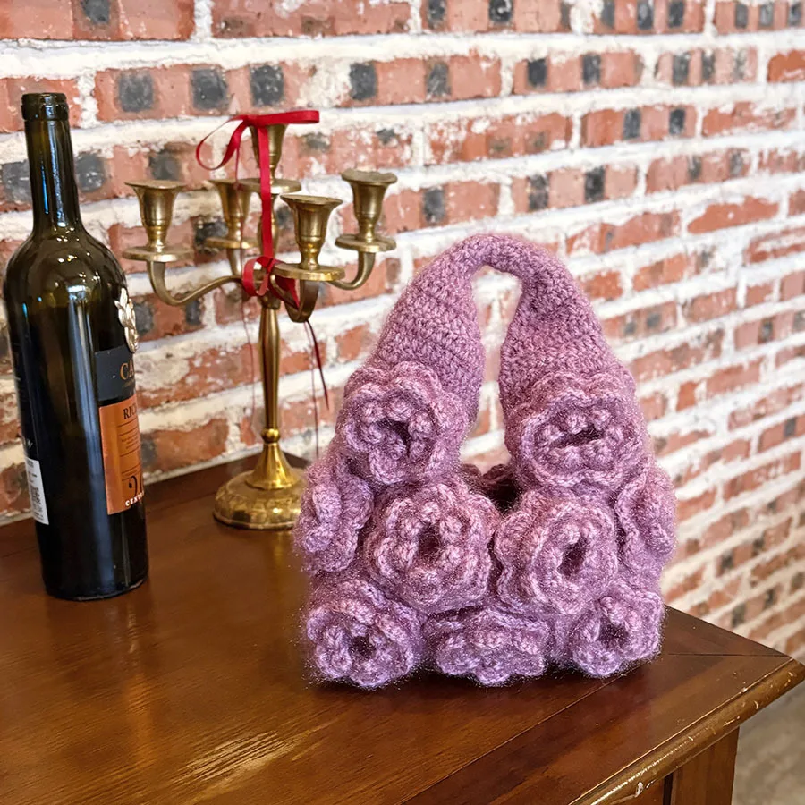 

Floral Crochet Handbag Pink Woolen Bag Bohemian Hollow Out Beach Knitting Clutch Bag Pearl Chain Crossbody Bag