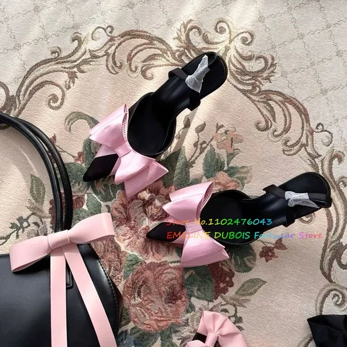 

Pink Patchwork Black Silk Bow High Heels Women Summer New Sexy Pointy Toe Crystal Slingback Stiletto Wedding Banquet Shoes