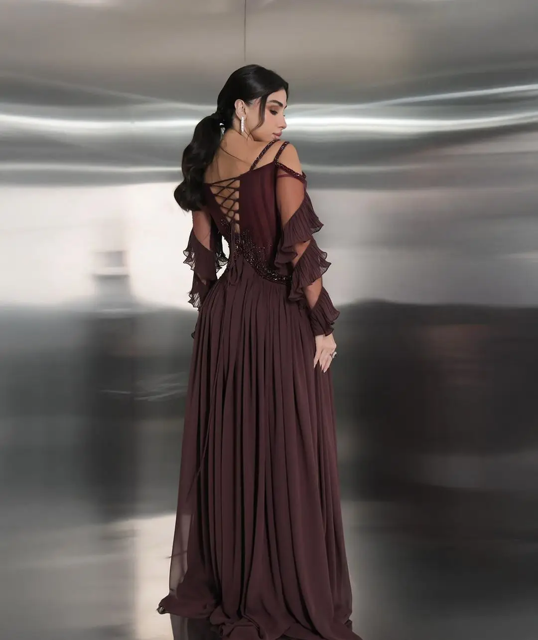 Vintage Long Sleeves Prom Dresses V Neck Vestidos De Noche Pleated Chiffon Beadings Women Evening Dresses image 2