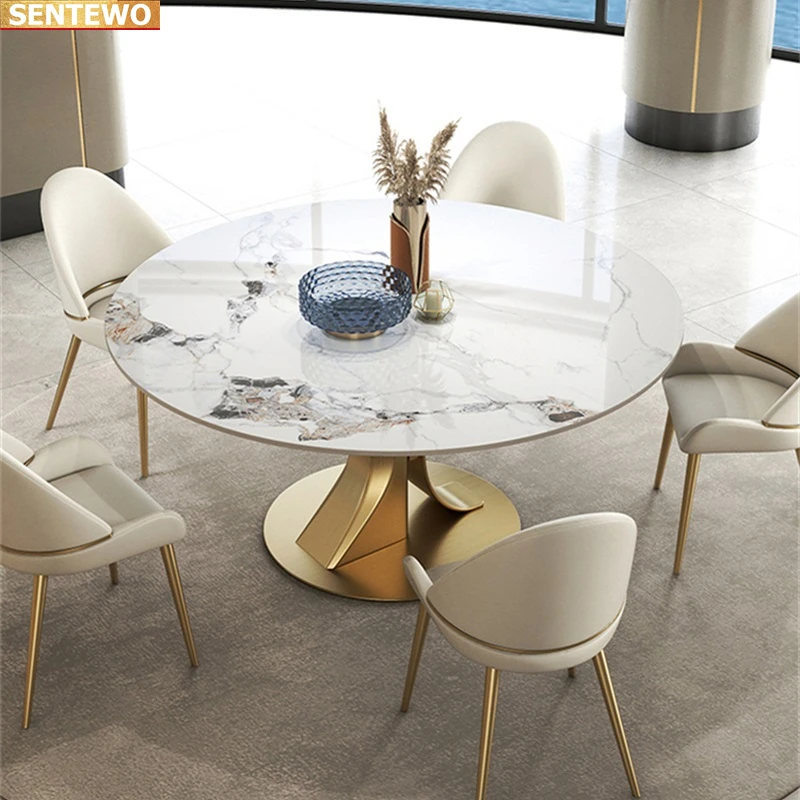 Designer Luxury round dinning Marble Rock Slab dining table set 6 chairs mesa comedor furniture meuble Stainless steel gold base