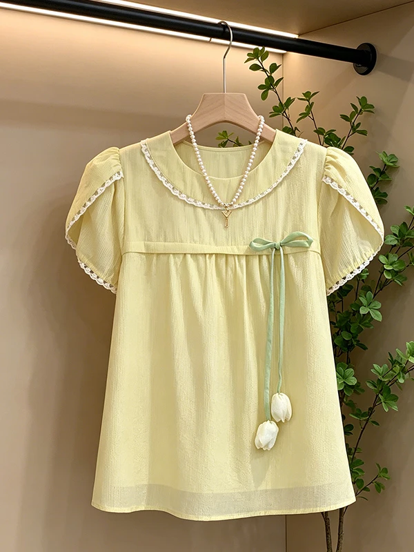 

Sweet Style Knot Tulip Shirt Women's Gentle Neck round Flower Top Large Size Summer New Arrival Commute Style