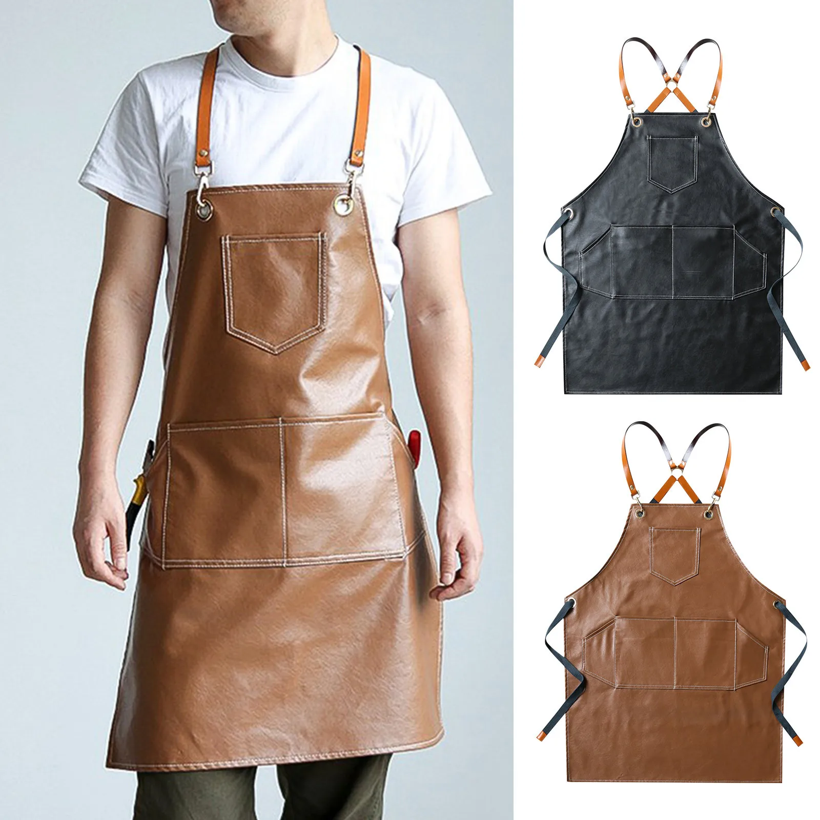 Thickened Leather Working Apron Cross Back Adjustable Chef Apron Waterproof Multi-pocket Sleeveless Adjustable Strap Clothes