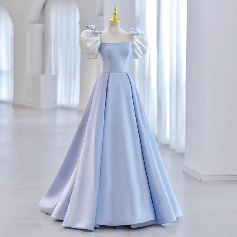 

Square Neck Nail Bead Fugitive Princess Series Blue Bubble Sleeve Evening Gift New Student Graduation French Dress Customized