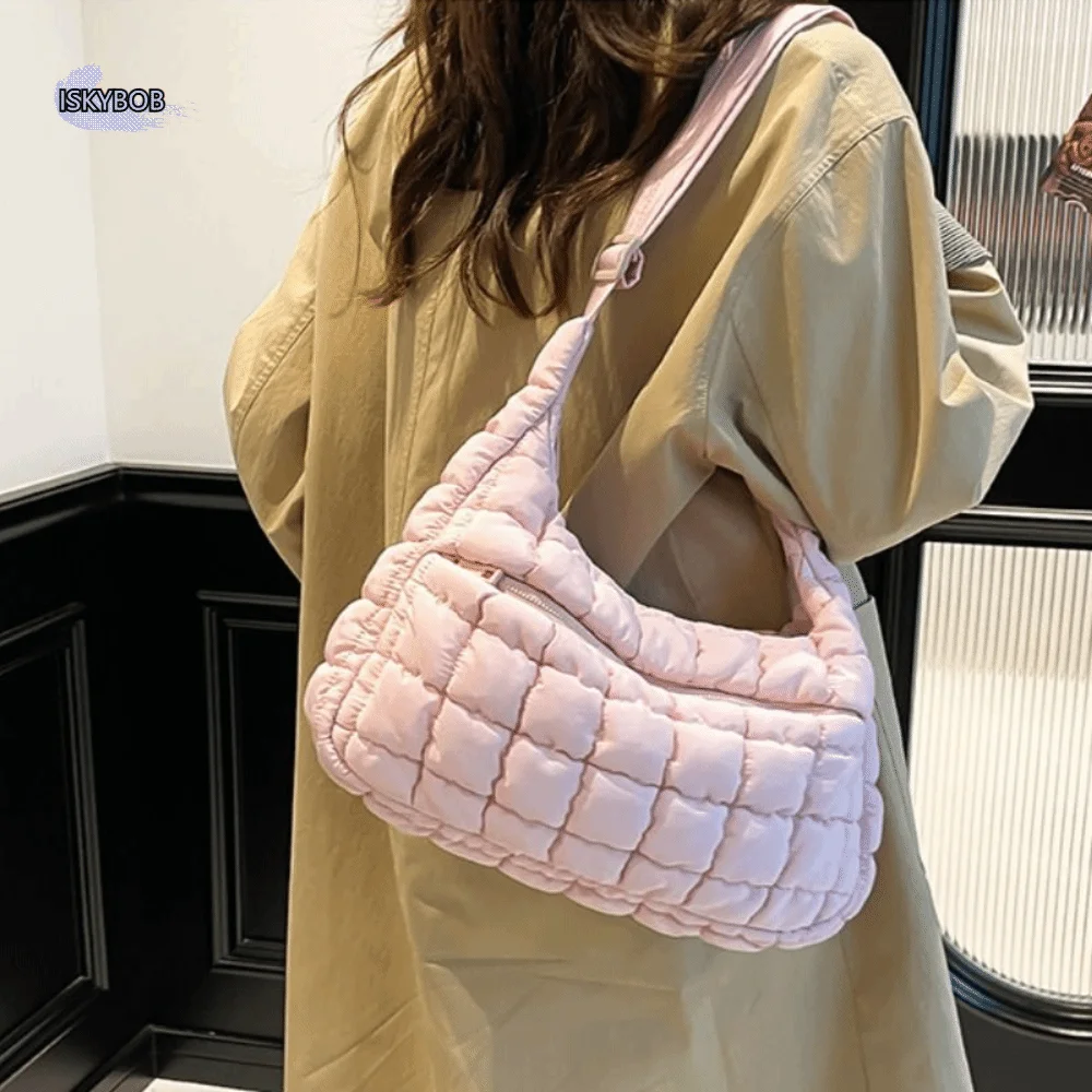 

Solid Color Quilted Sling Bag Cotton Material Large Capacity Quilted Cloud Purse Pleated Design Single Shoulder Cloud Tote Bag