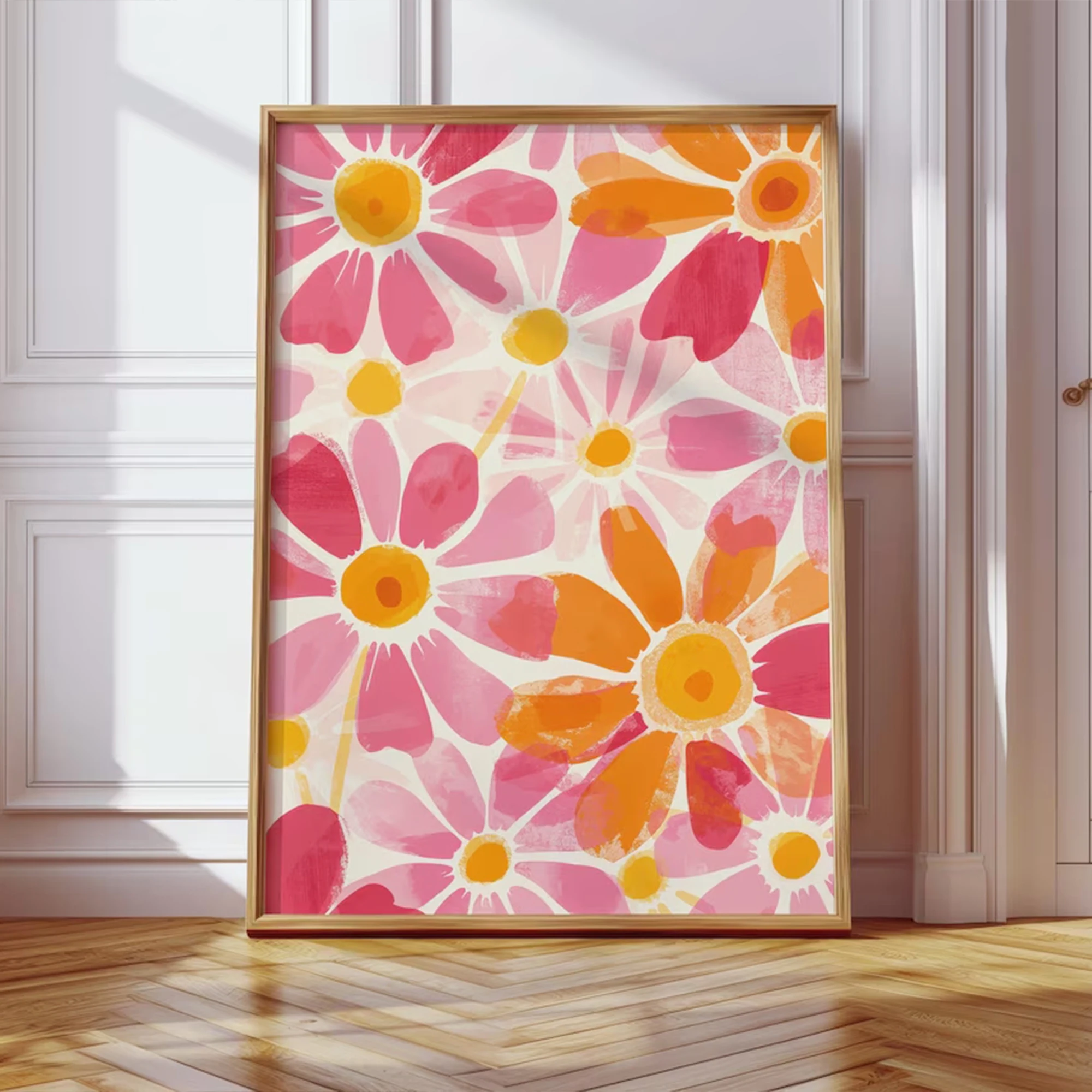 Modern Pink And Orange Floral Illustration Wall Art Print Canvas Painting Poster Picture For Living Room,Bedroom Home Decor