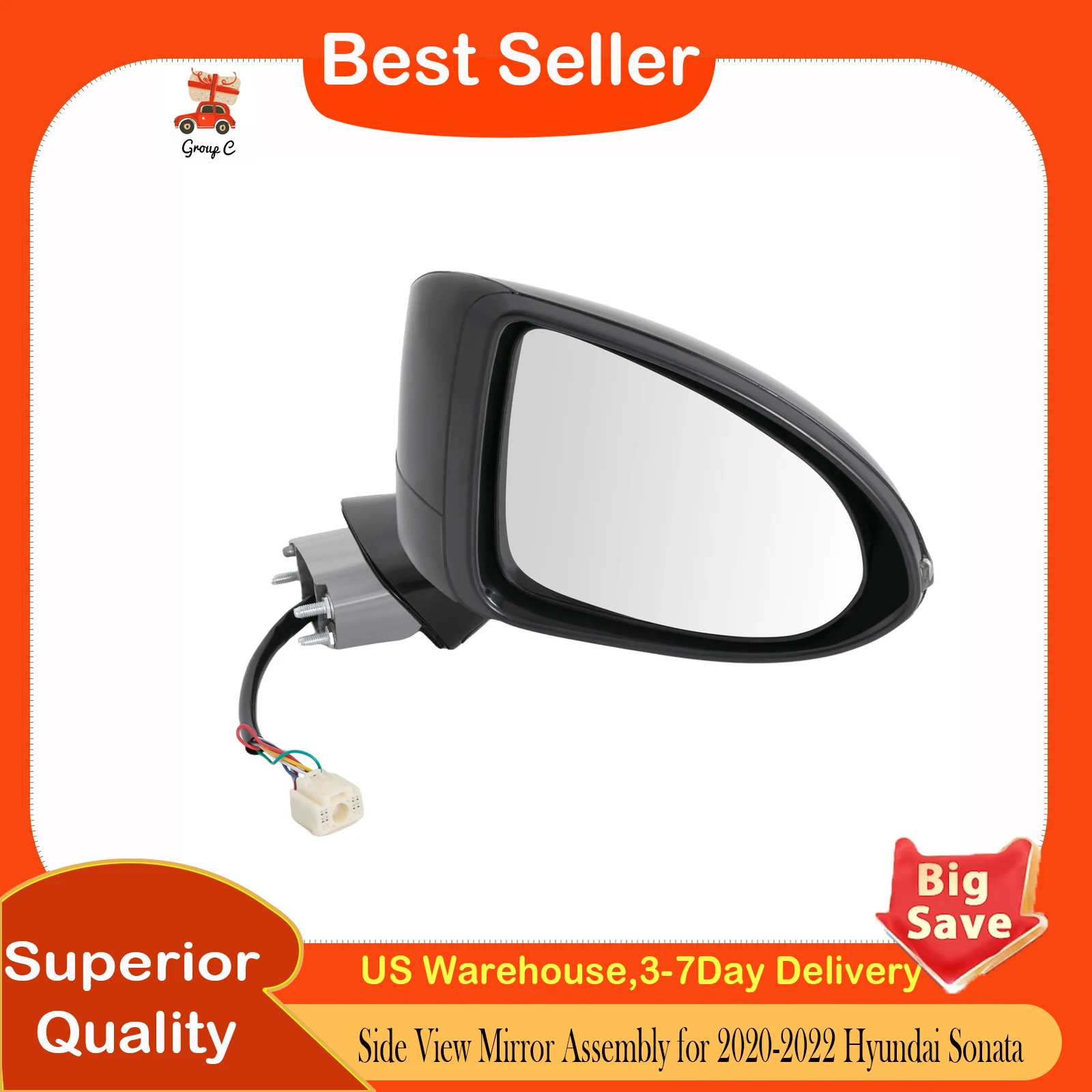

Mirror, Side View Mirror Assembly Right Passenger Side for 2020-2022 Hyundai Sonata, 8 Wire Power Mirror, Direct Replacement