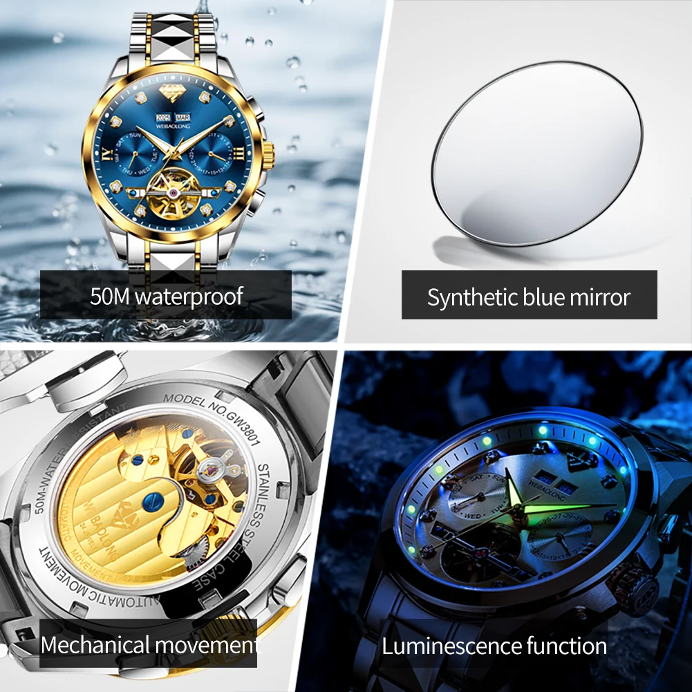 WEIBAOLONG 3801 ساعة رجالية الراقية ساعات الماس الحقيقي متعددة الوظائف كرونوغرافيا ساعة ميكانيكية أوتوماتيكية #6