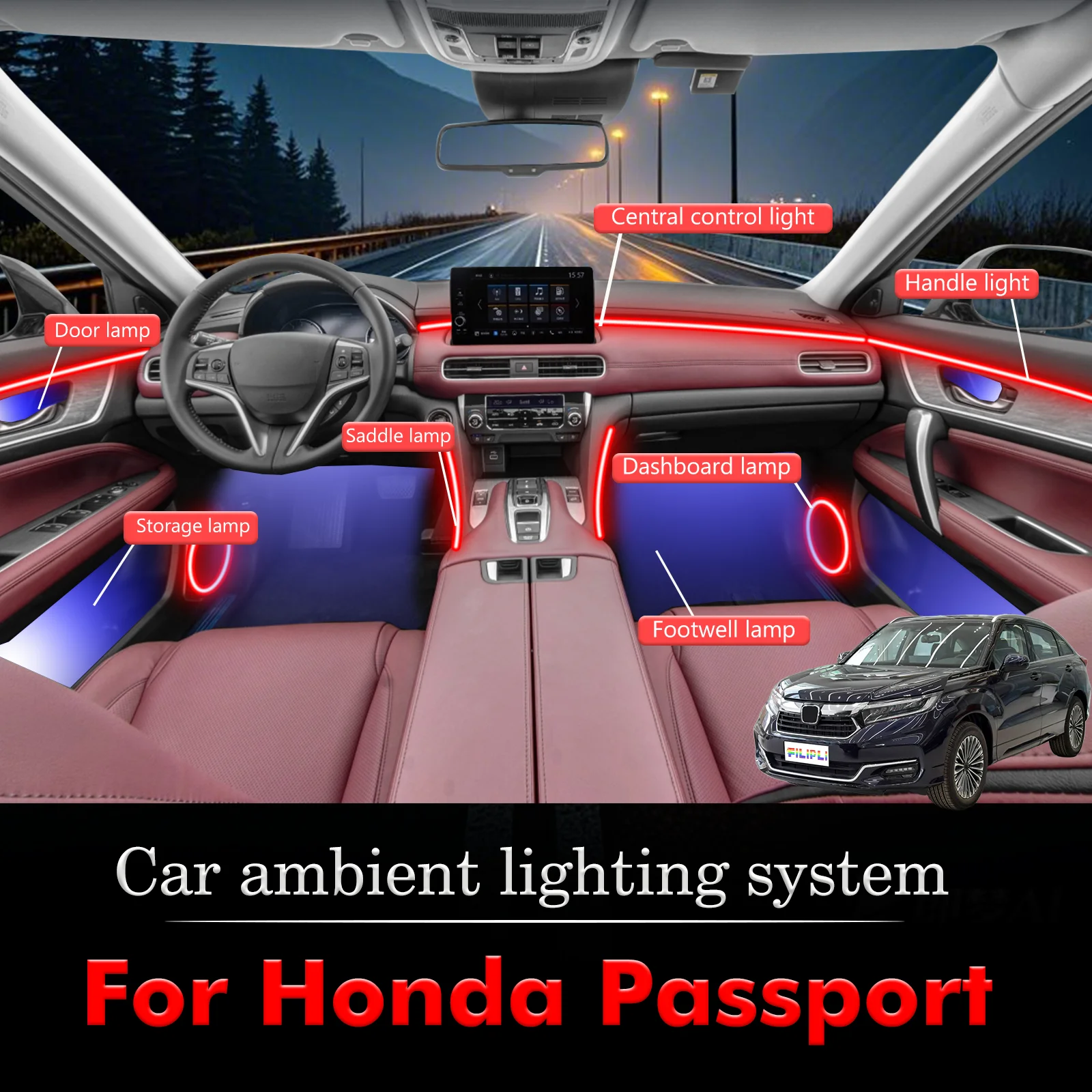 

For Honda Passport Car Interior Mood Ambient Light RGB 64-Color LED Smart Remote Control Atmosphere Lamp Energy Saving Kit