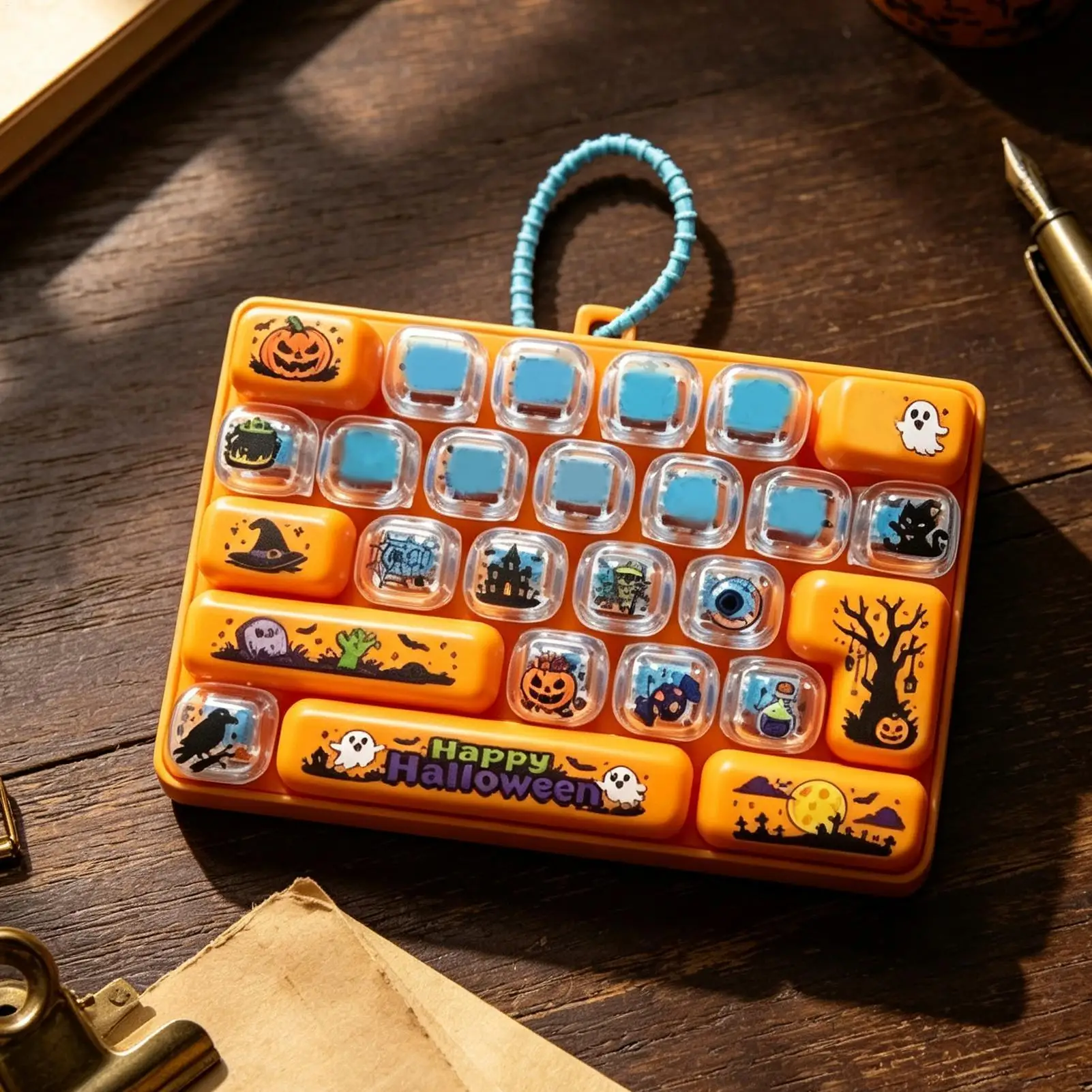 Halloween Keyboard Keychain 26-Key Cartoon Keycaps Bag Charm Clicky Keyboard Halloween Keychain for Teens Adults Women Men