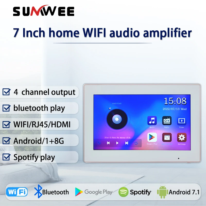 7 inch touch screen In wall android amplifier with home audio bluetooth   WIFI  theater system sumwee