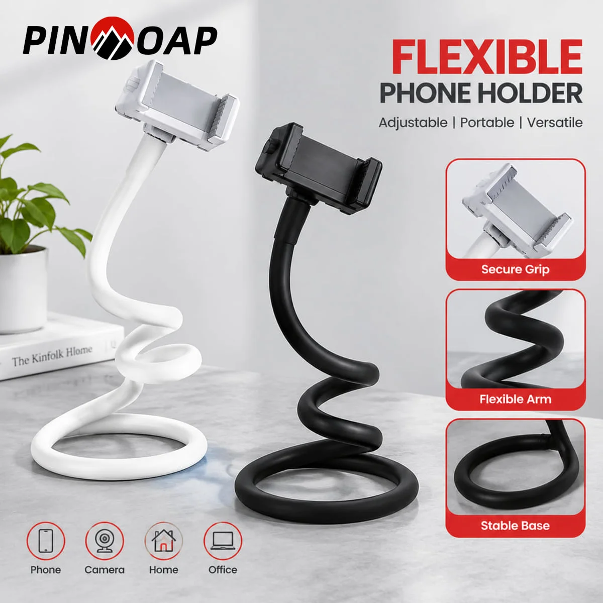 PINMOAP Flexible Baby Monitor Camera Stand Phone Holder with Adjustable Bendable Arm for Desk Bedside Office and Live Streaming